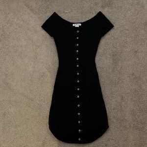 Black off the shoulder button down dress